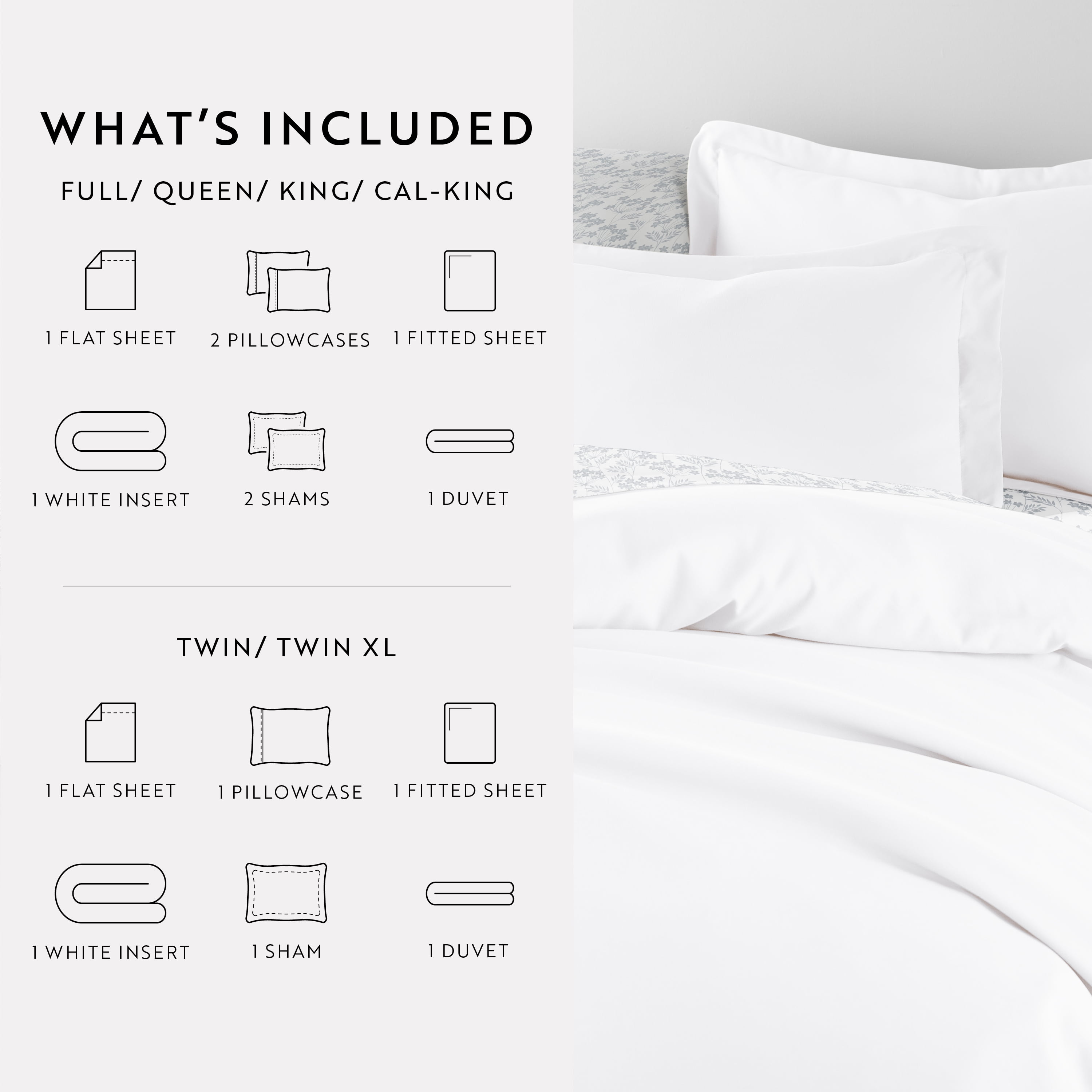 Comfort Canopy - California King Bedding Bundle, Solid Duvet Cover Set, White Comforter and Patterned Sheet Set