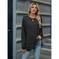 thumbnail image 3 of Womens Casual Striped Long Sleeve Shirt Trendy Crew Neck Slim Loose Fit Basic Blouses Tops Dark Gray Black XXL, 3 of 8