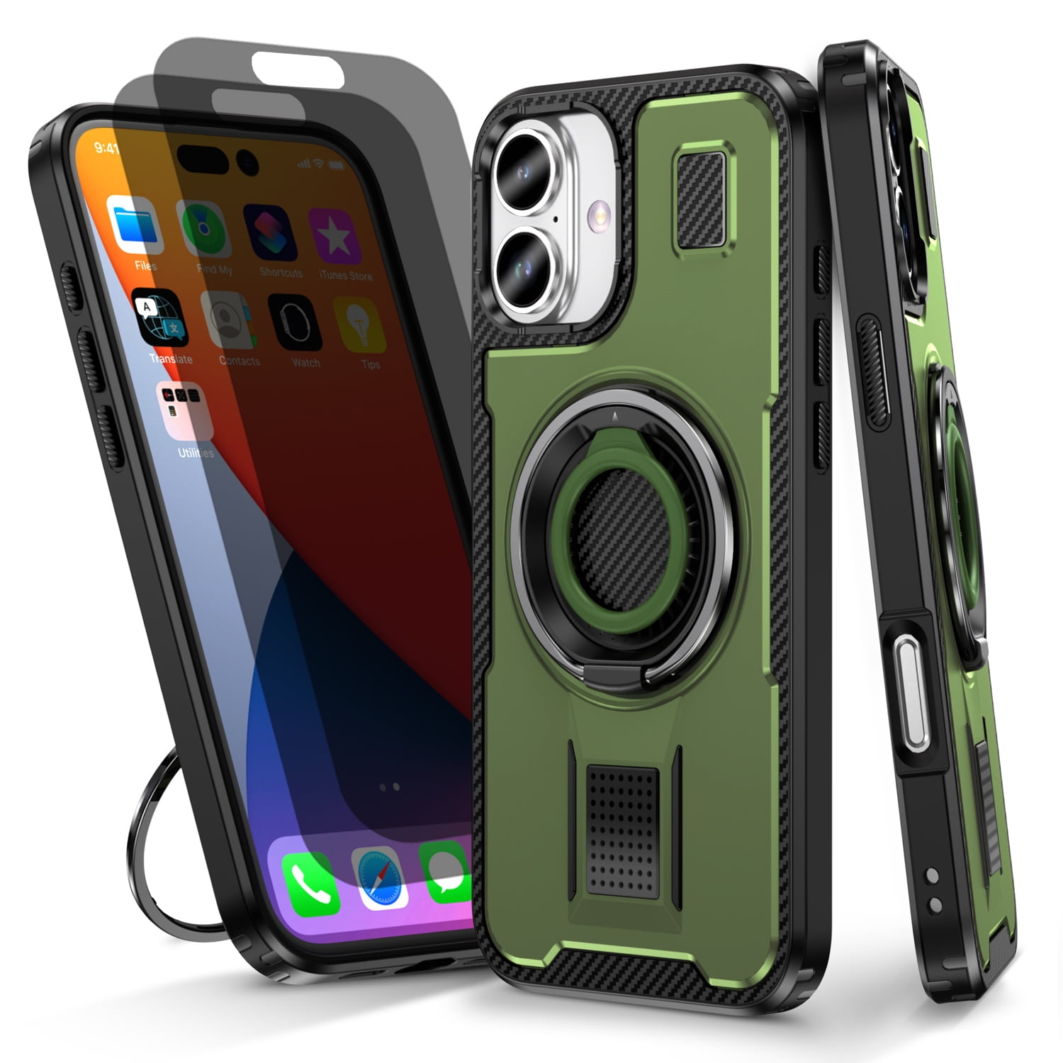 Hotpom for iPhone 16 Case with 2 Pack Privacy Screen Protector, Heavy Duty Shockproof, Anti-Fingerprint Rugged Women Men universal Protective Cover with 360°Rotatable Ring Stand, Green