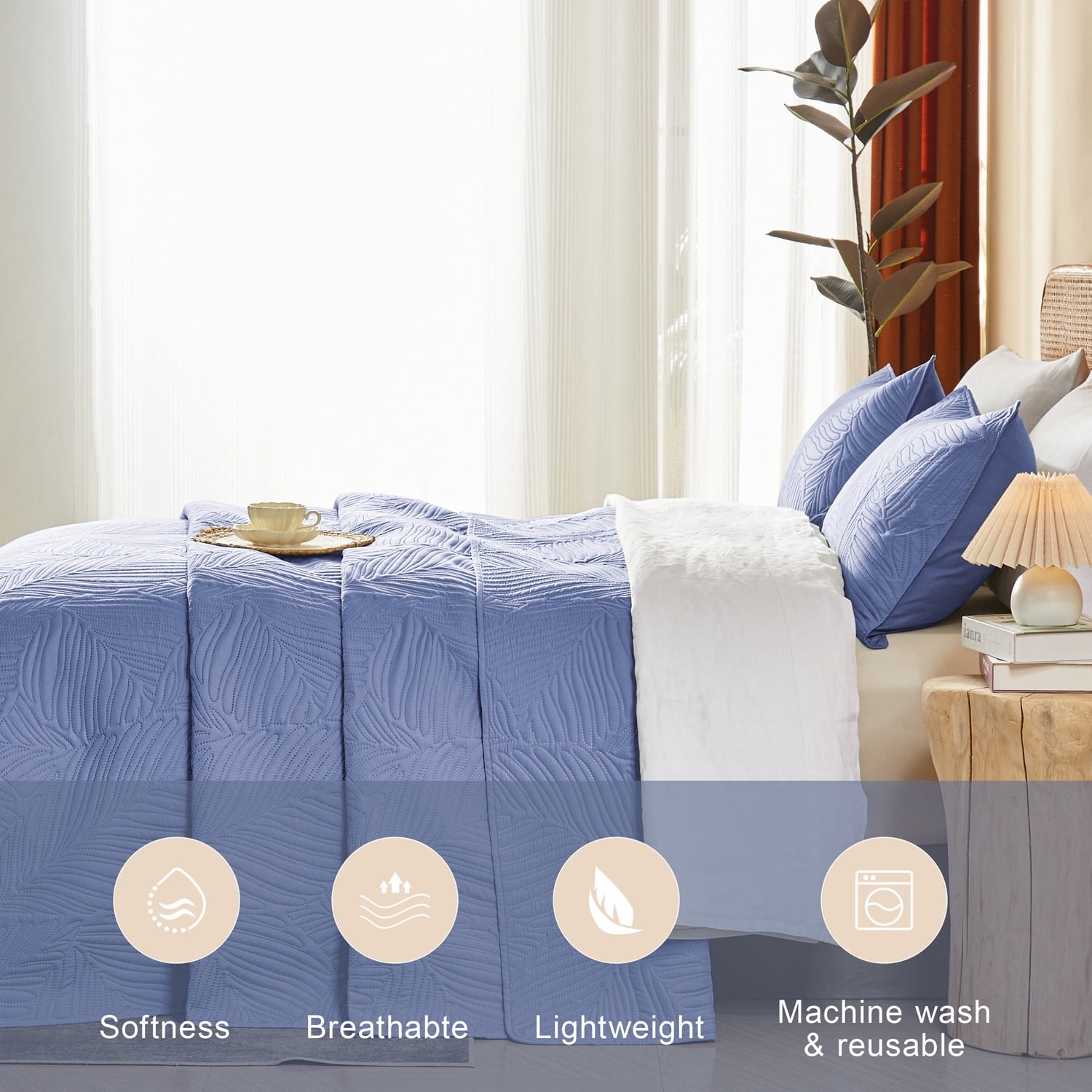 Davulos Twin Quilt Bedding Set Blue Soft Lightweight Bedspread 68"x85" with Leaf Pattern Microfiber Bed Coverlet Quilt Bedding Set for All Season (1 Quilt,1 Sham)