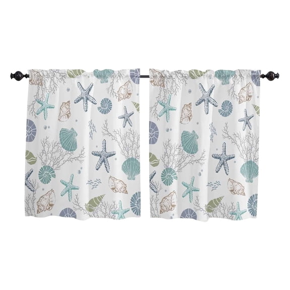SHJHENG Coastal Starfish Shell Print Kitchen Curtain Set, Nautical Themed 2D Printed Window Valance and Tier Curtains, Light Filtering Short Curtains for Kitchen and Bathroom