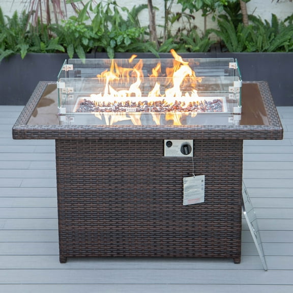 Homestock Vintage Vogue Wicker Patio Modern Propane Fire Pit Table 44x44x24 - 55,000 BTU, Tempered Glass Shield, Adjustable Flame