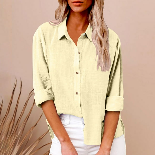 AherBiu Plus Size Women Button down Tops Long Sleeve Lapel Collar Linen Tops Fall Casual Solid Color Cotton Blouses