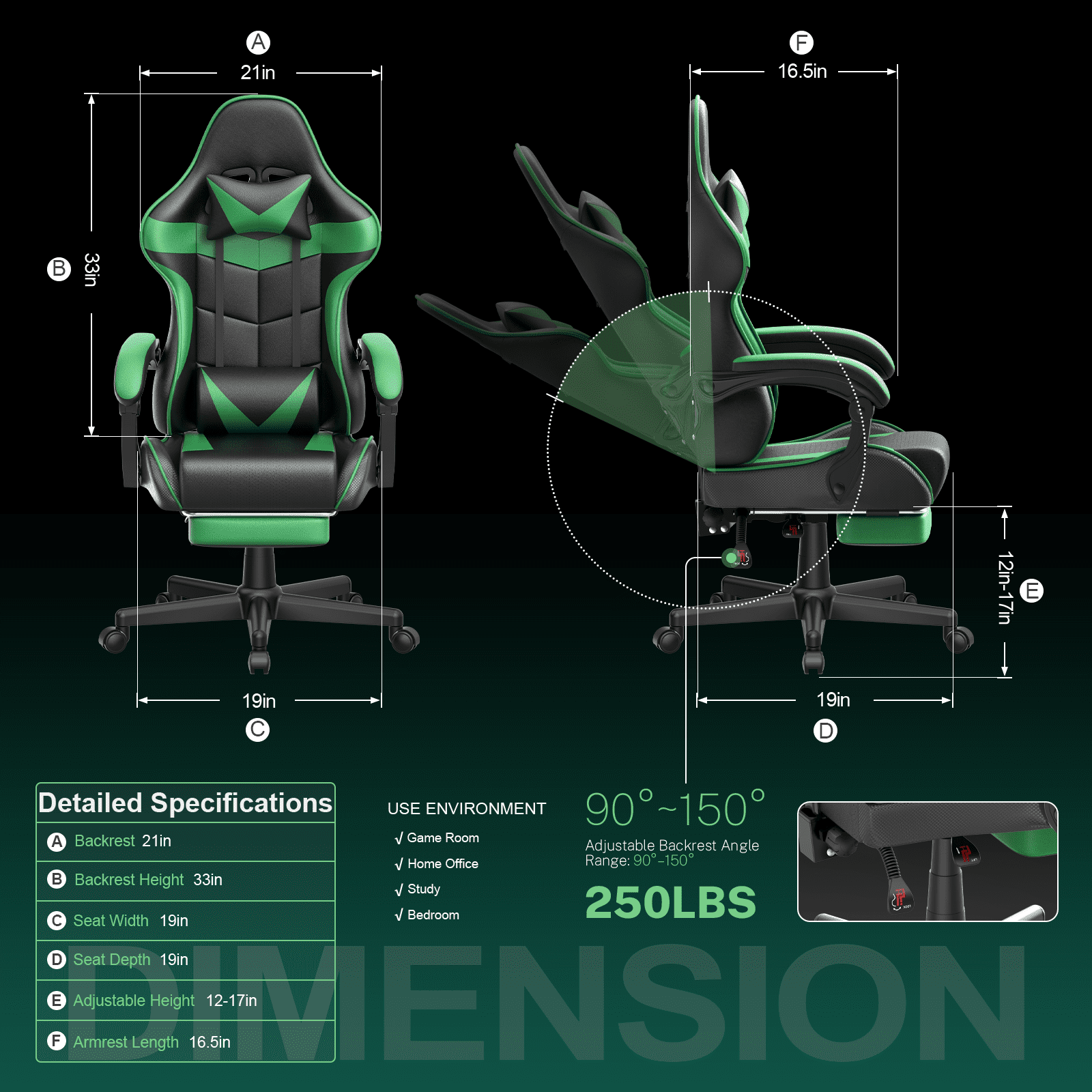 Soontrans Gaming Chair with Footrest, Ergonomic Swivel Computer Game Chair, Gamer Chair with Headrest & Massage Lumbar Support, Office Desk Chairs, Green