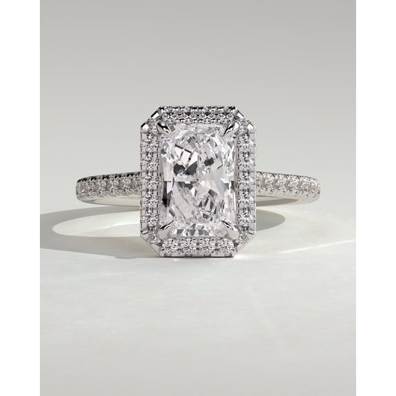 CAPRICARATS 3.00Ct Radiant Moissanite Halo Engagement Ring, Pave Cathedral, 10K White Gold