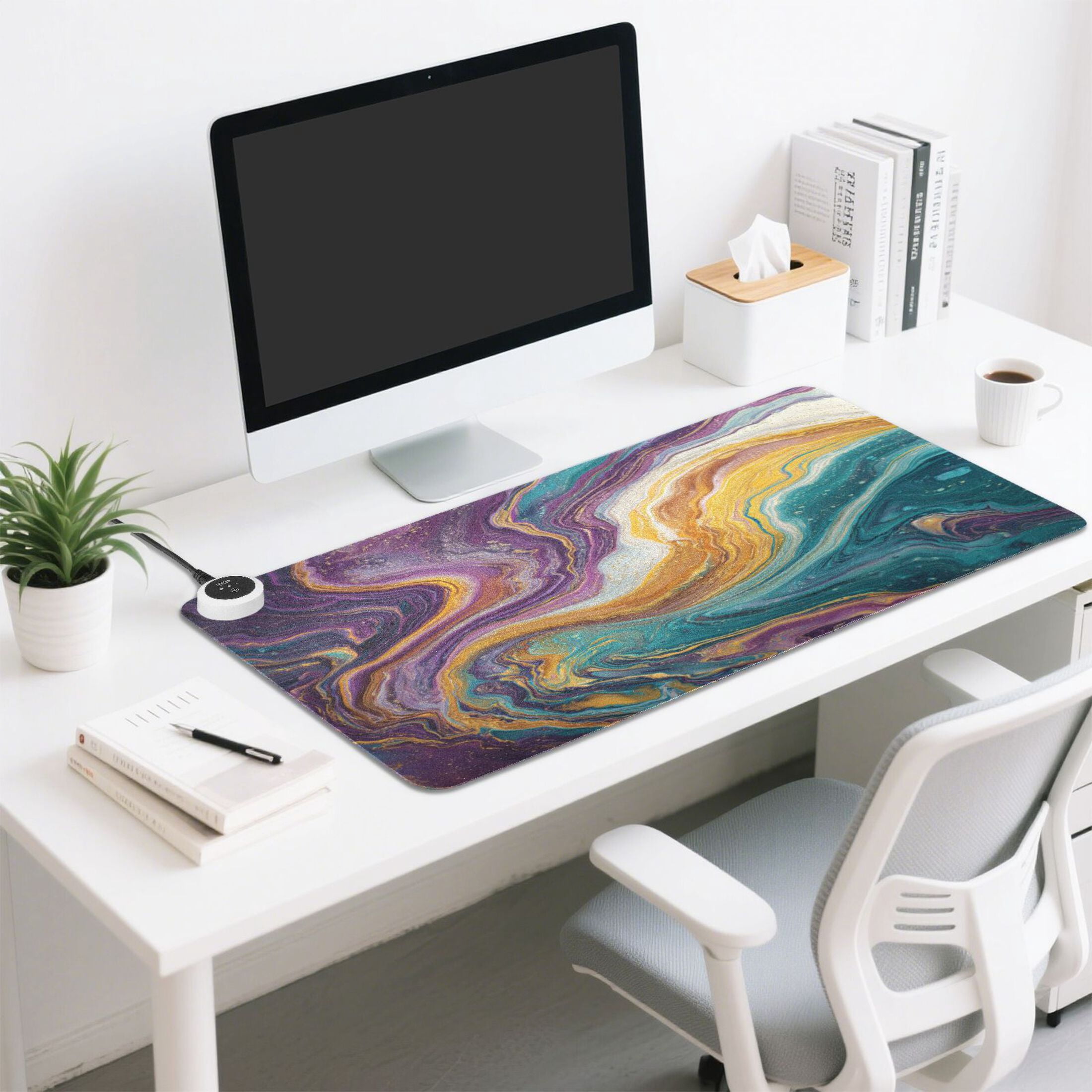 Large Heated Desk Mat Mouse Pad 31.5"x13"PU Leather Graphene Heating Desk Warmer with 3 Temperature Settings 110V US Plug Non-Slip Warm Pad for Home, Office, and Gaming Marble Veins in Various Colors