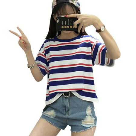 Harajuku Summer Hit Color Striped Female T-Shirt Loose O-Neck Cute Casual T shirt Girls Street Costume for Women