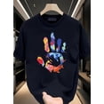 thumbnail image 1 of Camiseta informal retro para hombre, 100 % algodón, colección de verano, diseño gráfico artístico con estampado de manos, corte holgado, manga corta para adolescentes, estampado vibrante de salpicadur, 1 of 5