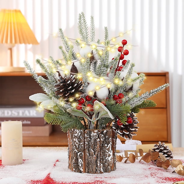 Adornos navideños, regalos navideños, miniárboles de Navidad artificiales preiluminados, decoraciones navideñas de interior con luces, pequeños árboles de Navidad de bayas y piñas, decoración navideña