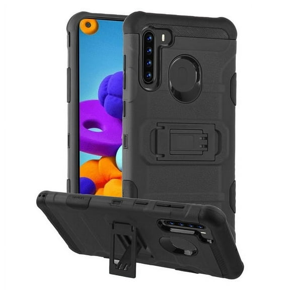 Samsung Galaxy A21 Phone Case Hybrid Impact Armor Rugged Rubber TPU Dual Layer Hard Shockproof with Kickstand Stand Protective Heavy Duty [Military-Grade] BLACK Cover For Samsung Galaxy A21 [2020]