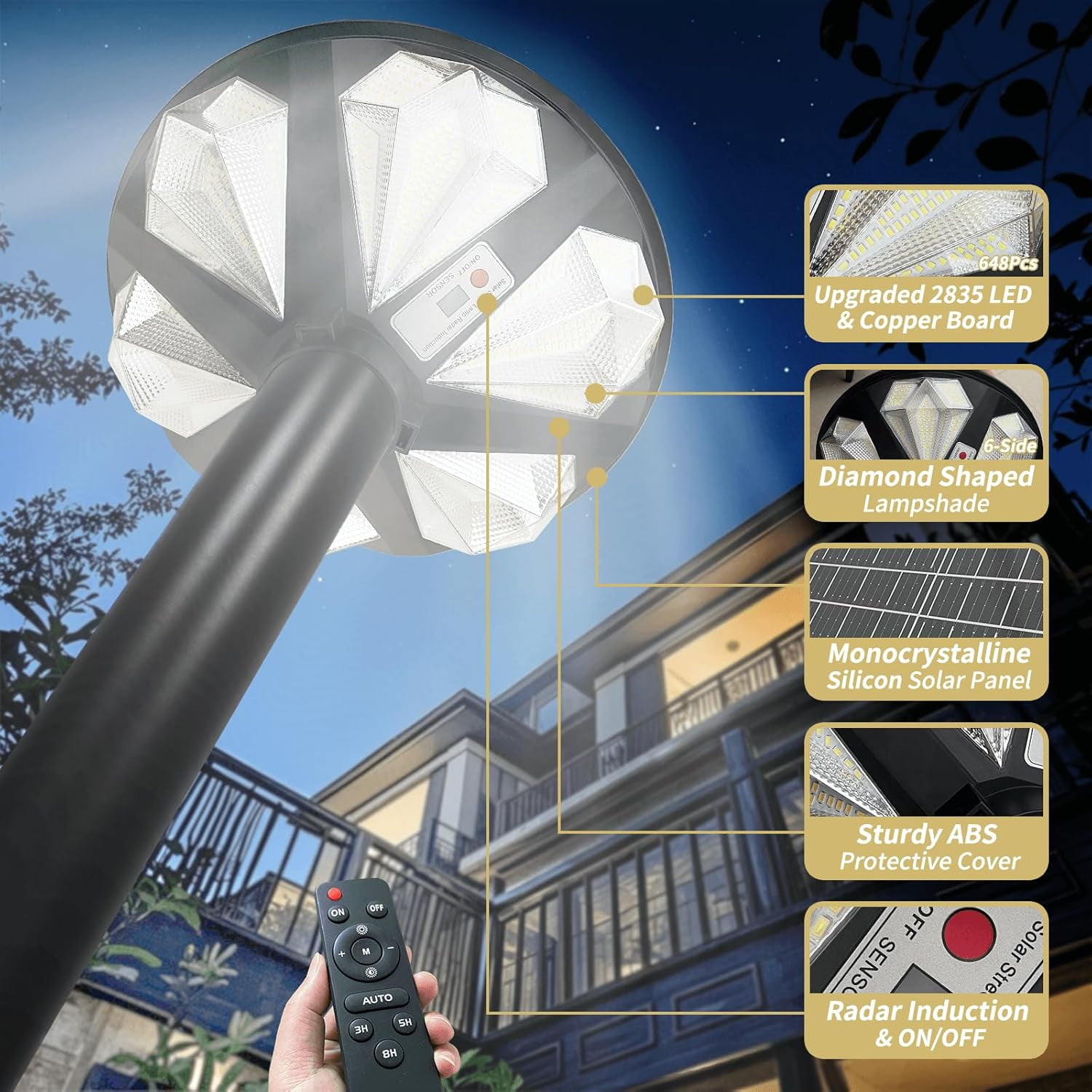Outdoor Solar Lamp Post with 10' Galvanized Steel Light Pole, Diamond Shape, Motion Sensor, IP65 Waterproof, Dusk to Dawn, 648-LED Outdoor Solar Light with Remote for Street, Parking Lot, Pathway