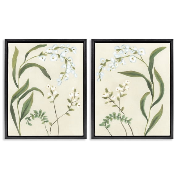 Stupell Industries Vintage Snowdrop Stems 2 Piece Black Framed Floater Canvas Set, design by June Erica Vess