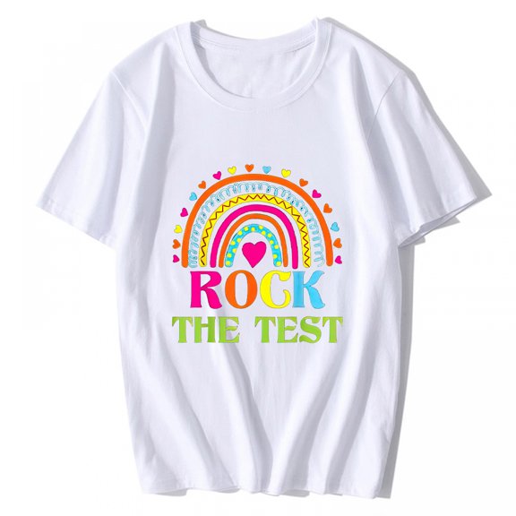Women's T-Shirt Test Day Rock The Test Teacher Testing Day Rainbow Teacher Casual Short Sleeve Top White Small