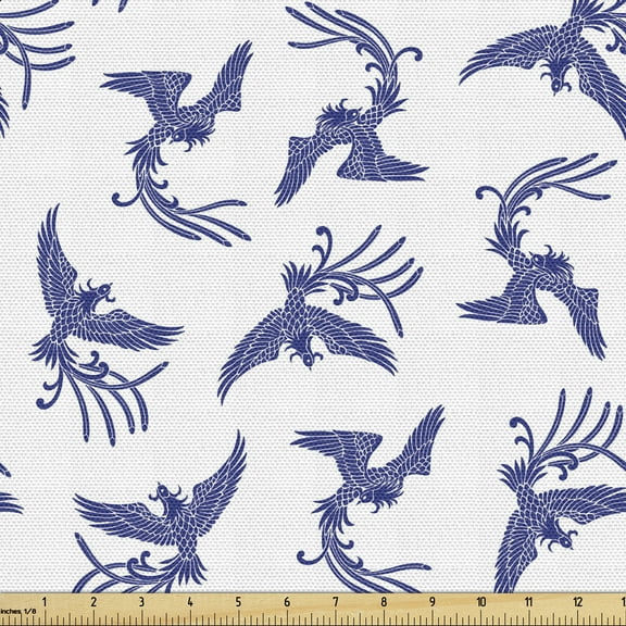Ambesonne Phoenix Fabric by the Yard Upholstery, Blue Rebirth Motif, 10 Yards, Dark Blue and White