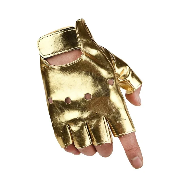 Guantes de cuero sintético estilo punk para hombre, de medio dedo, huecos, dorados