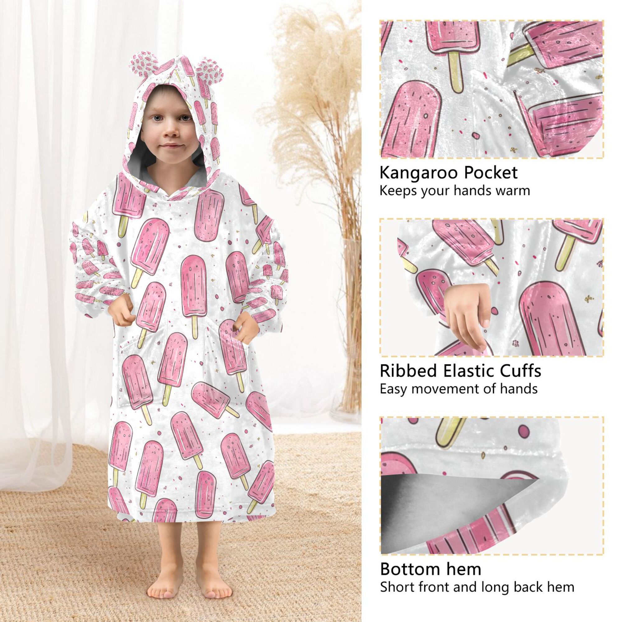 FORMRS Wearable Blanket Hoodie with Sleeves for Kids Cozy Flannel Sweatshirt, Pink Popsicle Pattern