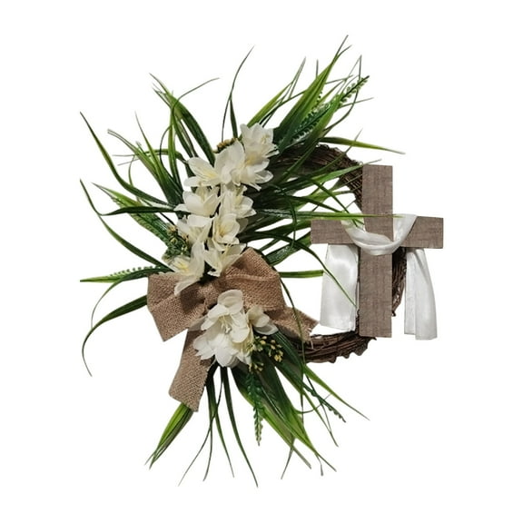 Beollynier 15.7 Inch Easter Lily Wreath Artificial White Lily and Ribbon Rattan Wreath for Front Door Spring Home Church Festival Decoration
