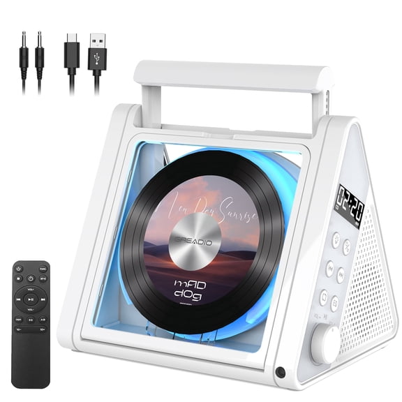 Greadio Portable CD Player with 20W Speaker, 4000mAh Rechargeable Bluetooth CD Player with Battery,Triangle Design Speaker with Remote Control