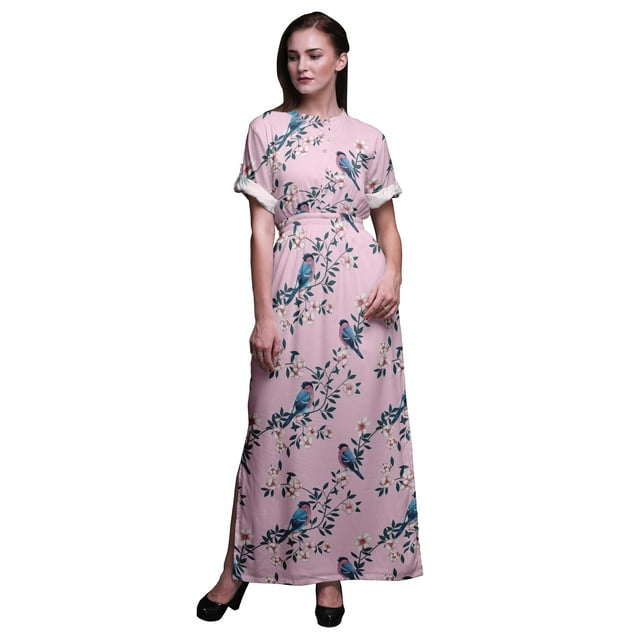 Bimba Robe Maxi Fendue sur le Côté en Rayonne Pêche Florale & Oiseau Rouge-Gorge Américain à Taille Smockée Imprimée - Très Grande Taille