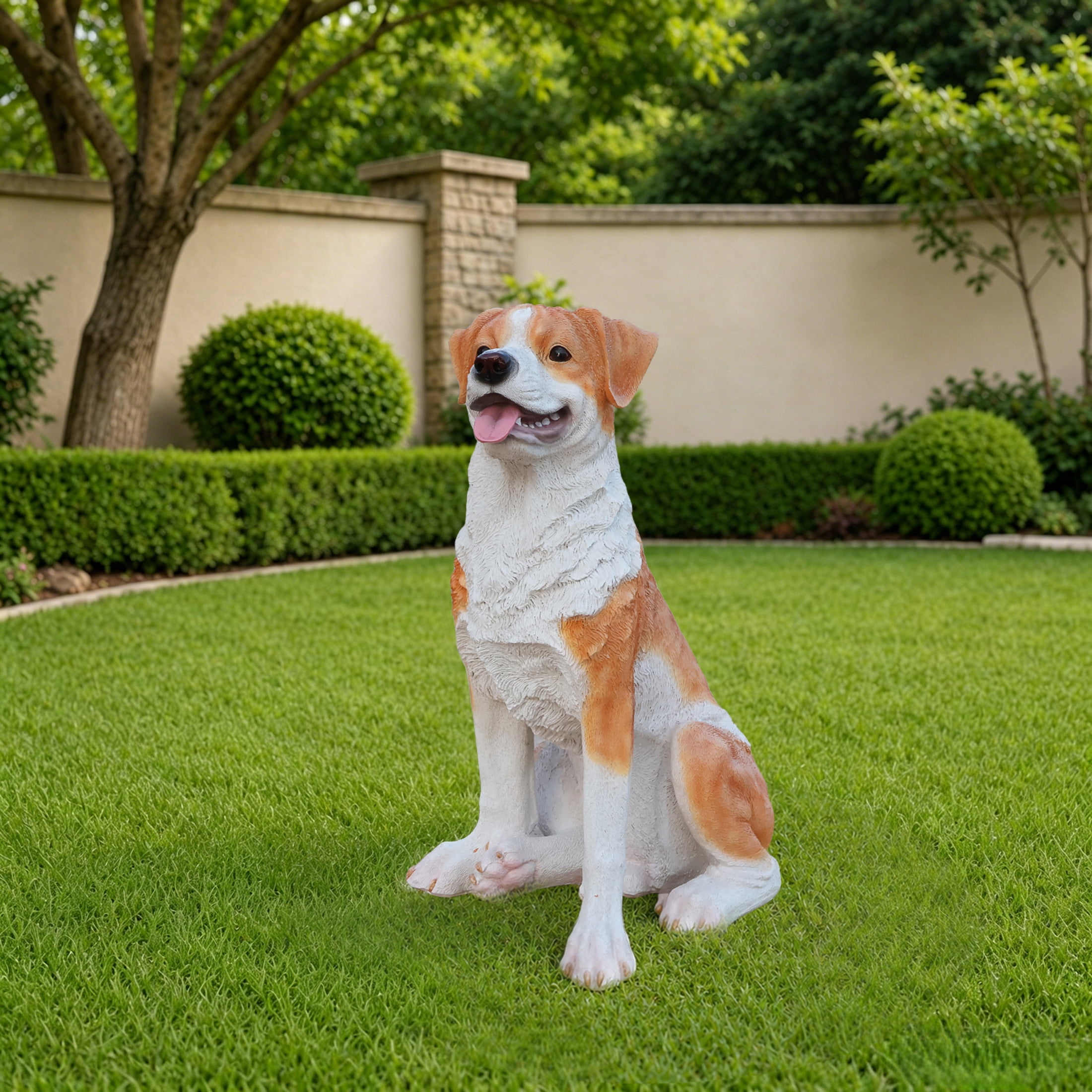 Noble House Lifelike Sitting Hound Dog Statue, Realistic Resin Animal Figurine for Outdoor Garden Decor, Brown White