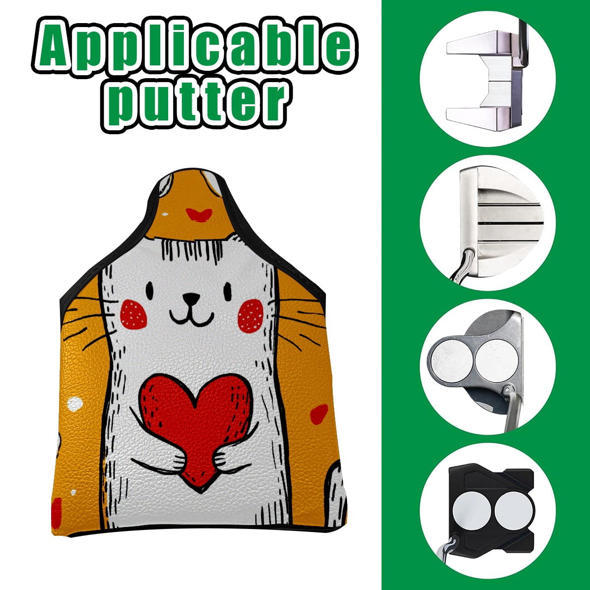 Golf Mallet Putter Cover Premium Leather Waterproof Golf Putter Head Cover with Magnetic Closure Hand Drawn Cat Heart