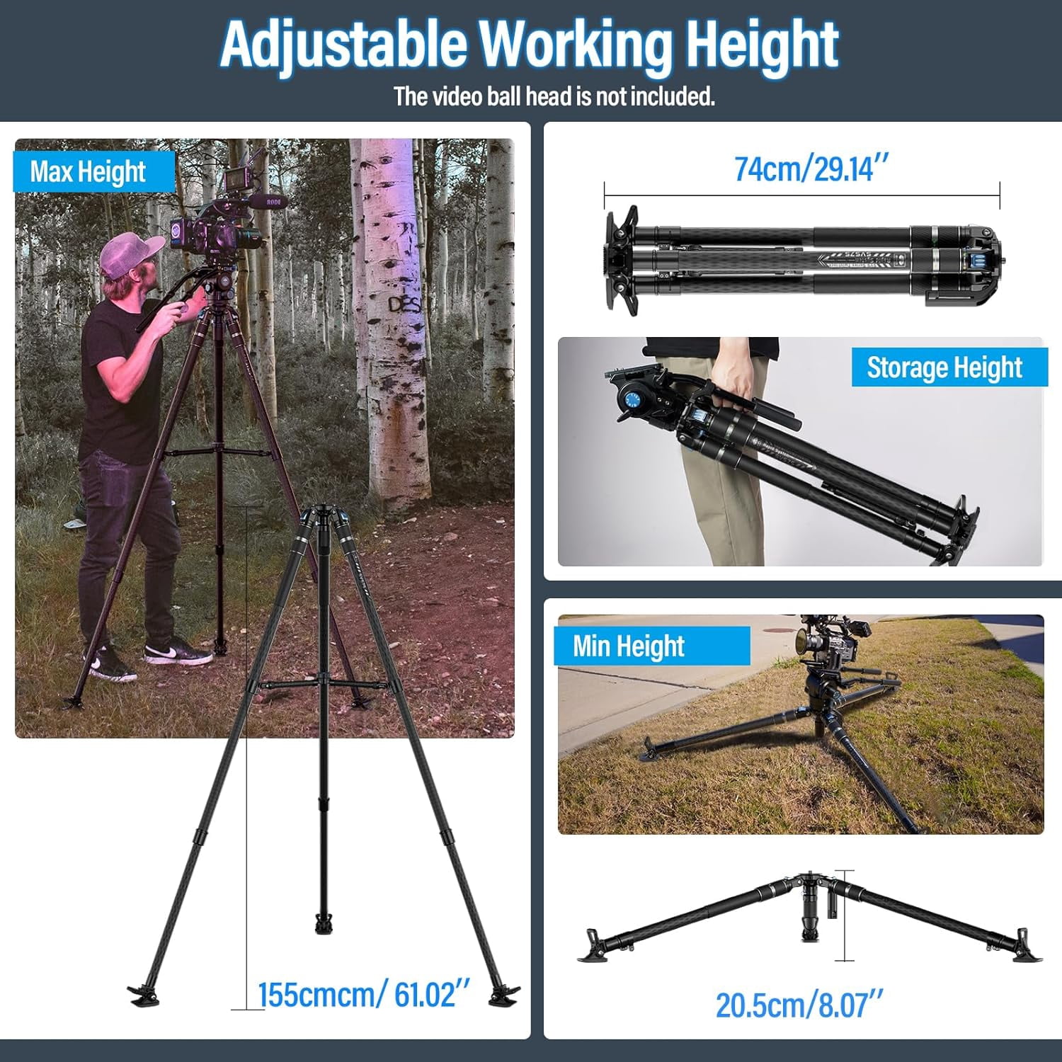 SIRUI SVS75 Professional Video Tripod, 61" Carbon Fiber Tripod with One-Step Height Adjustmen