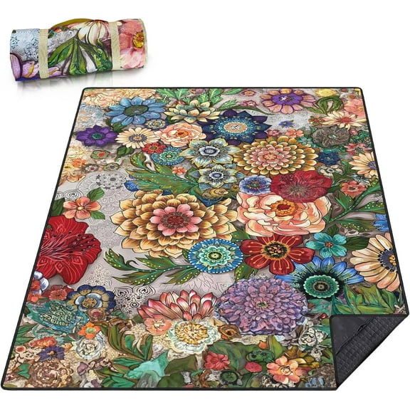 Picnic Blanket Waterproof Picnic Beach Blanket Waterproof Sandproof Foldable Portable Travel Large Flowers Picnic Blanket for Outdoor Camping,Beaches,Parks-Flowers 80" X 60"