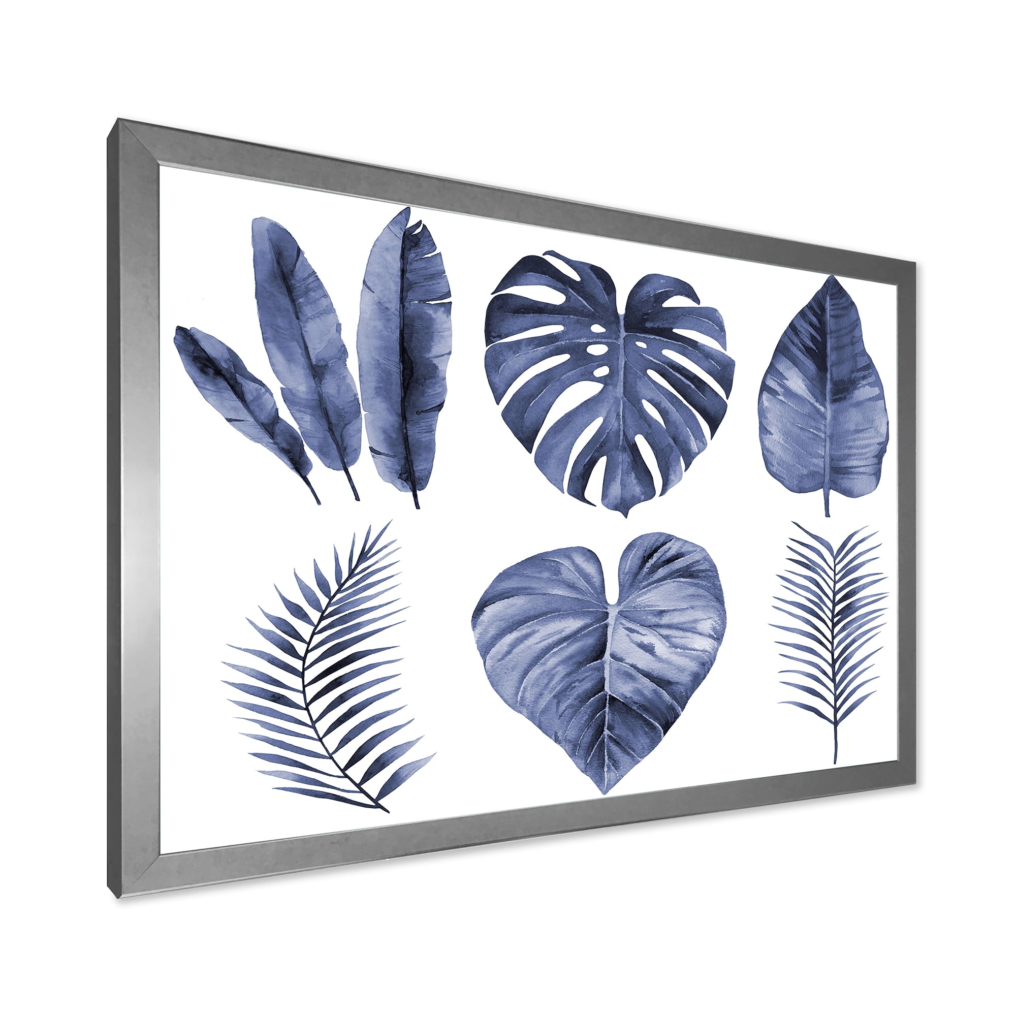 Designart 'Blue Watercolour Tropical Leaves I' Farmhouse Framed Art Print