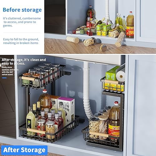 KEKAPE UNDER SINK ORGANIZER AND STORAGE, PULL OUT DRAWER ORGANIZER - BLACK