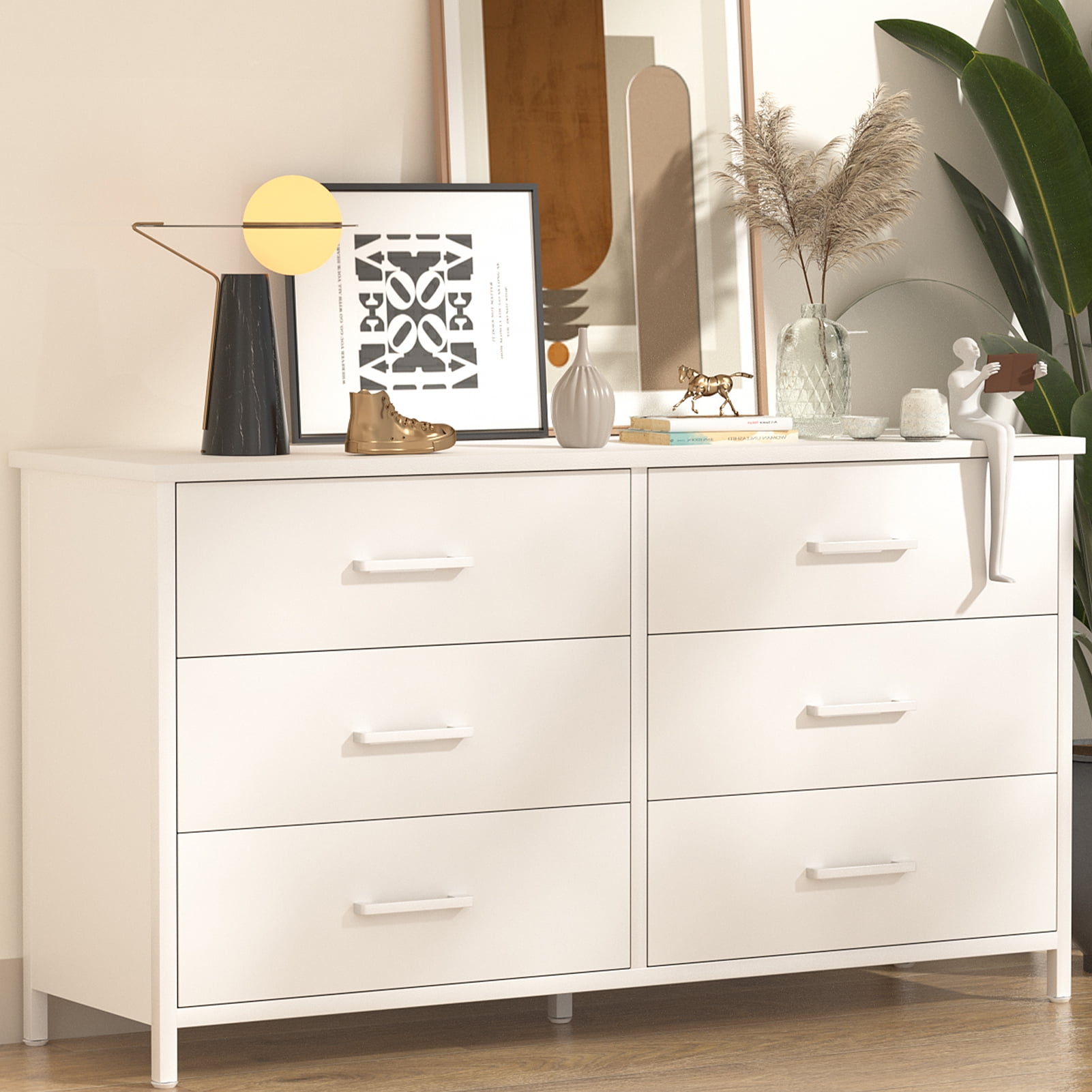 IKENO 6 Drawer White Dresser, Industrial Wood Dresser for Bedroom