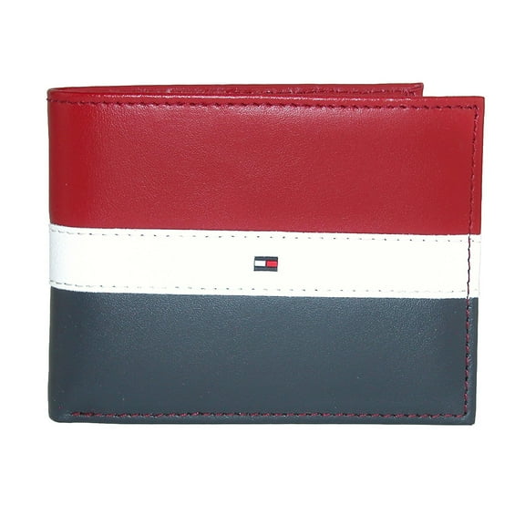 Tommy Hilfiger Men's Leather Americana Stripe Bifold Wallet Red-Navy