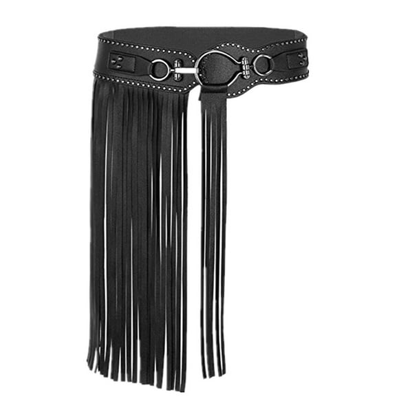 1pc Punk Style Leather Tassel Skirt Fashionable Leather Rivet Wide Belt with Tassel (Black Size L 68-75CM (Waist))