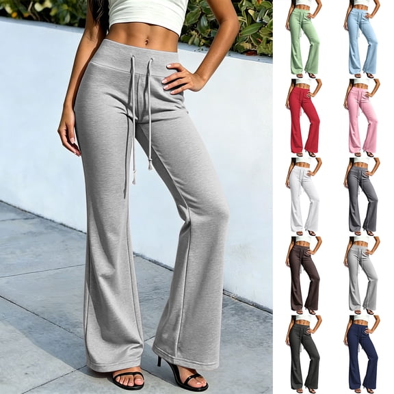 Sevevn Women's High Waisted Flare Sweatpants Trendy Drawstring Wide Leg Lounge Pants with Pockets Comfy Stretch Yoga Trousers Gray XL