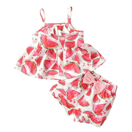 

New Born Girl Baby Gift Outfits 0-18M Sleeveless Two Pieces Top Fruit Suspenders Girls Printed Beach Kids Set Shorts Pants Girls Outfits&Set Checke Kids Hoodie