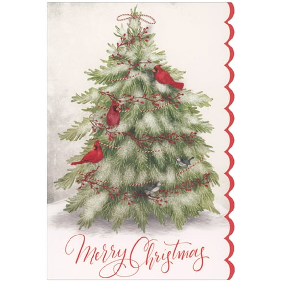Pictura Three Cardinals and Two Grey Birds Perched on Shimmering Pine Tree Christmas Card