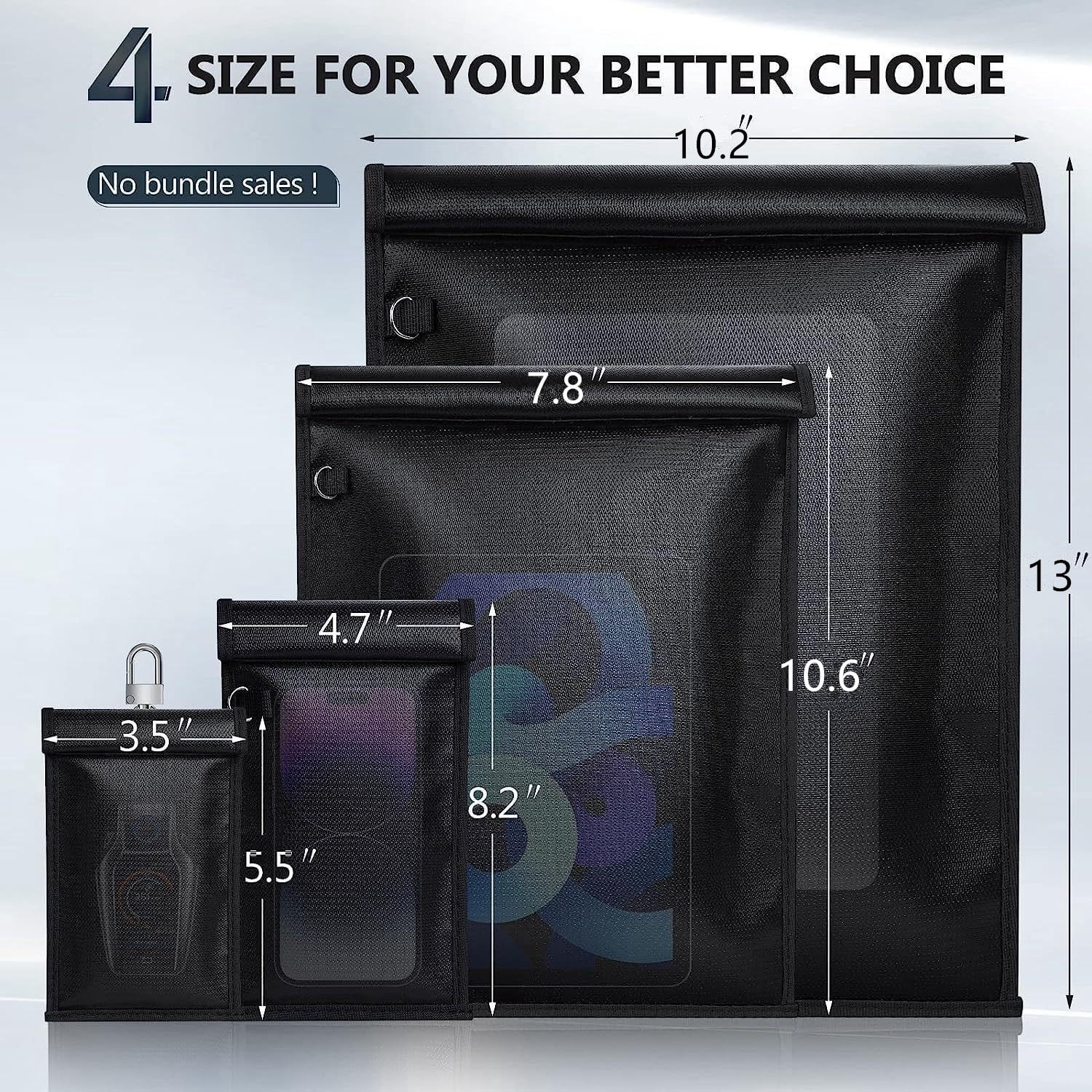 WYAJU Faraday Bags 4 Pack, Anti-Tracking Faraday Cages for Laptops, Tablets, Phones, Car Keys, Faraday Key Fob Protector Fireproof & Waterproof EMP Bag Signal Blocking Pouch