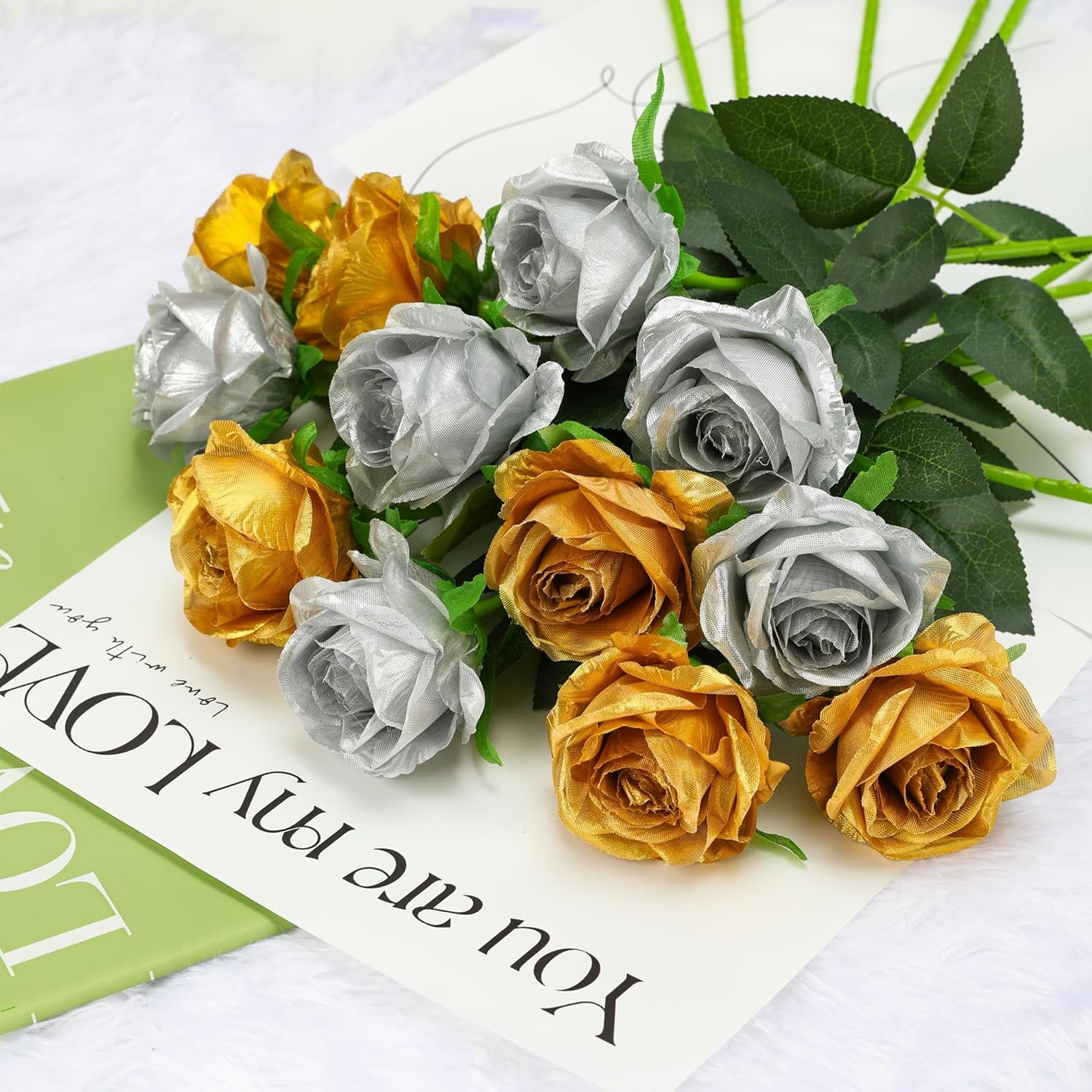 Silver Fake Roses Artificial Flowers - Fake Artificial Roses Silk Flowers with Stems for Home Wedding Hotel Office Centerpiece Decor