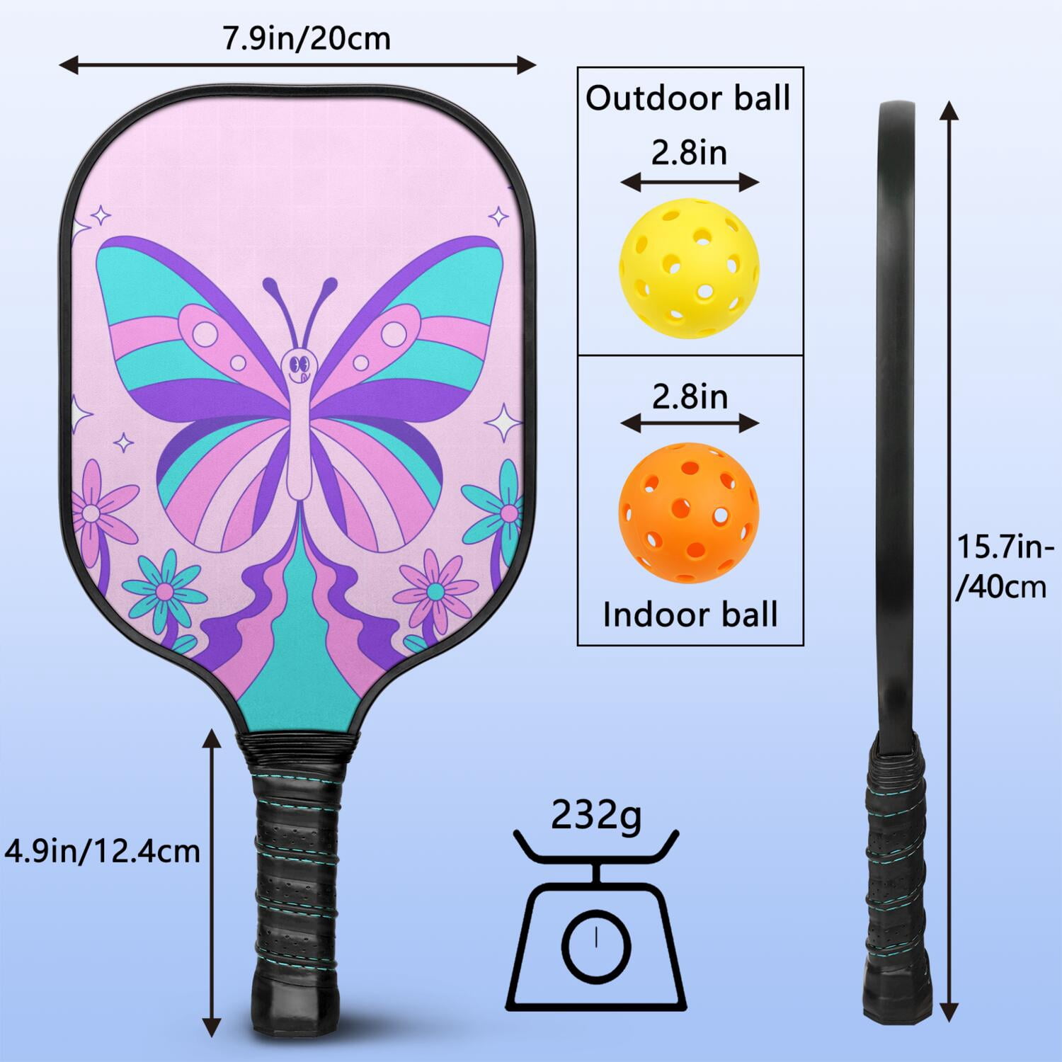 Pickleball Paddles Set Of 2, Fiberglass Surface, Butterfly Print, 4 Balls & Bag