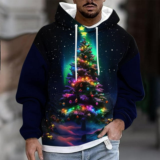 Sudadera con capucha para hombre, estilo casual, con cuello redondo, estampado de árbol de Navidad, manga larga, blusa de poliéster