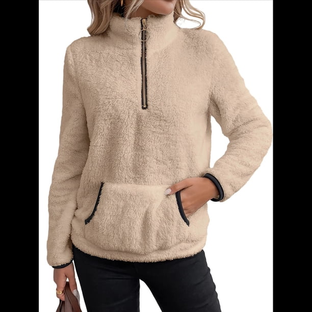 Sudadera Informal de con Cremallera de un Cuarto para Mujer, Larga, Ligera, Suave y Afelpada, con Bolsillos. Caqui M
