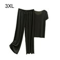 thumbnail image 3 of Conjunto de pijama de satén de seda helada Sonducket camiseta de algodón cuello en V pantalones holgados cintura Negro 3XL, 3 of 6