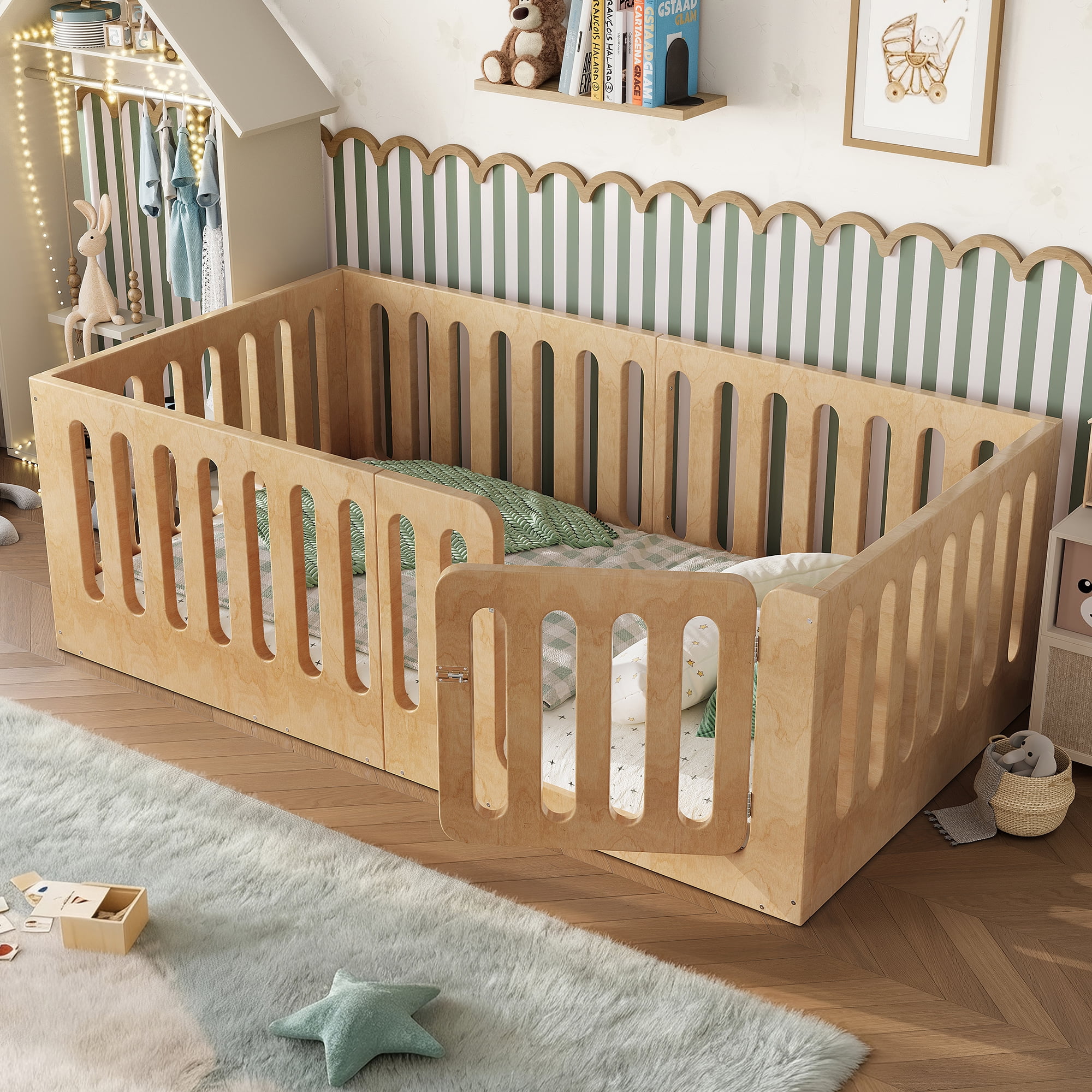 Twin Size Floor Bed with High Fence for Kids, Solid Wood Kids Montessori Bed with Door, low-profile and No Box Spring Needed Design, Natural