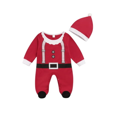 

Bmnmsl Baby Santa Claus Long Sleeves Snaps Jumpsuit Christmas Hat