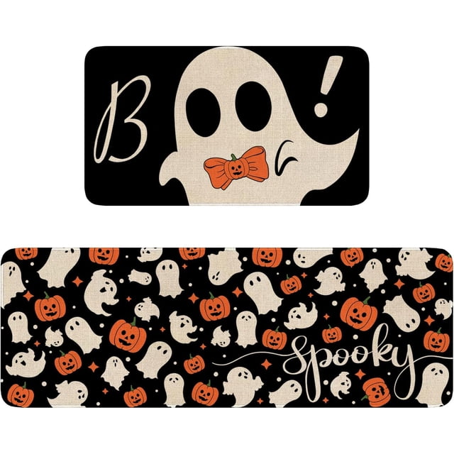 Halloween Kitchen Rugs and Mat Set of 2,Spooky Pumpkin Ghosts Boo Kitchen Mats for Floor,Halloween Sink Mats Home Decor Doormat+Runner Rug