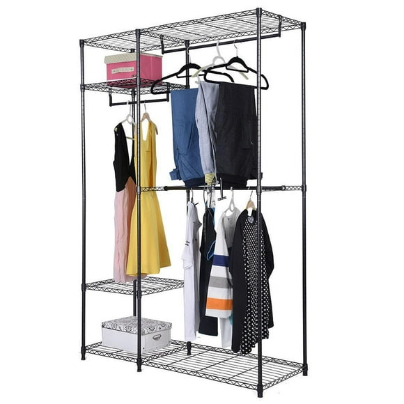 Freestanding Hanging Clothes Rack Wardrobe with 3 Hanging Rod, Metal Adjustable Utility Closet Organizer Garment Rack