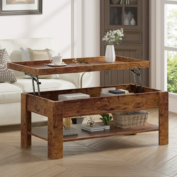 VECELO 39" Wood Lift Top Coffee Table, Rising Center Table with Hidden Compartment & Open Storage Shelf for Living Room, Brown