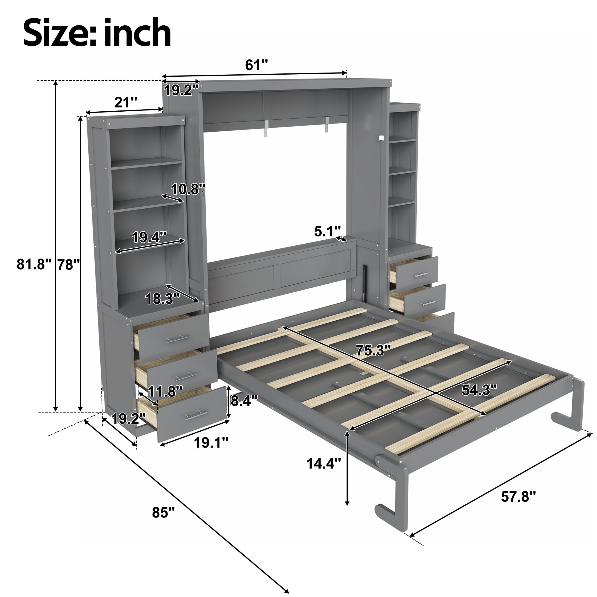 Full Size Murphy Bed with Dual 4 Storage Shelves and 3 Drawers Cabinet for Space-Saving Guest Room