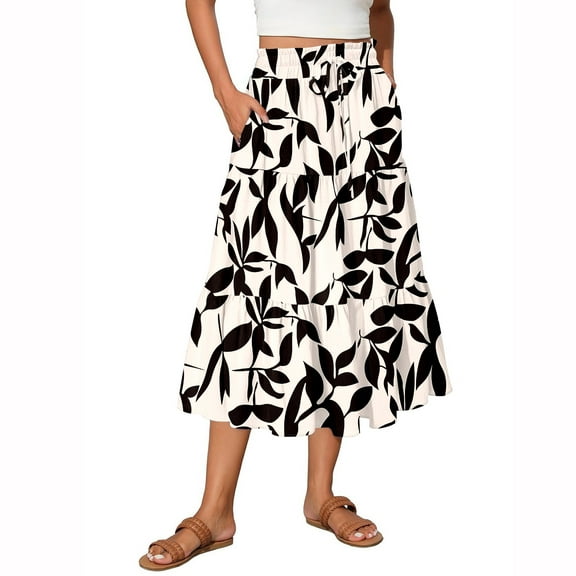 BOMYJESK Floral Skirts for Women Summer Midi Skirts Swing Tiered A-Line Flared Skirt High Waisted Trendy Vacation Outfits with Pockets Dark Gray M