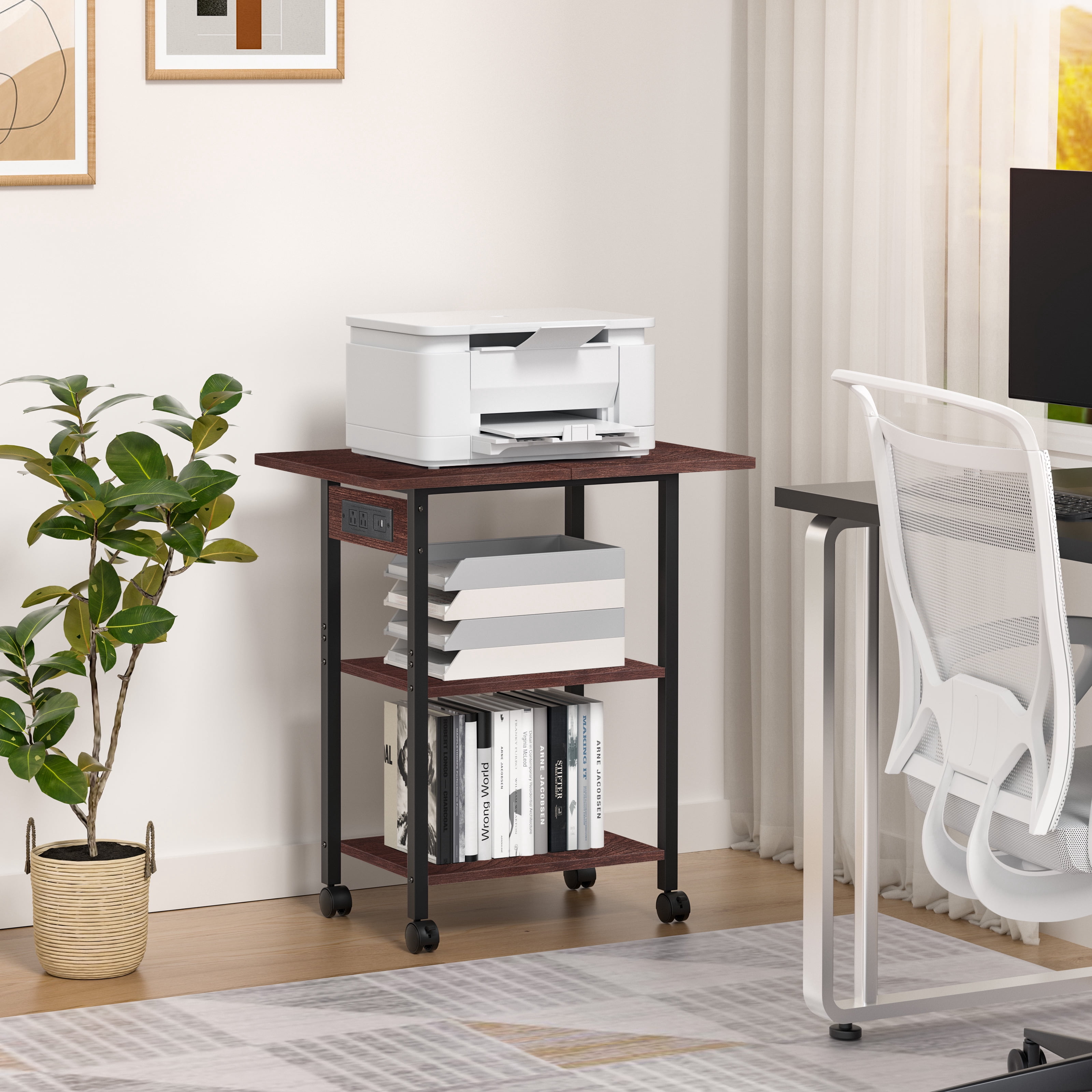 Leyaoyao 3 Tier Heavy Duty Printer Stand, Computer Tower Stand with Industrial Lockable Wheels, Large Mobile Table for Home Office Multi-Equipment Organization, Walnut