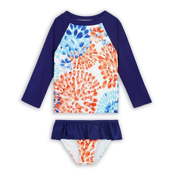 URMAIC Toddler Little Girls Long Sleeve Rash Guard with Bikini Bottoms Two Pieces Swimsuit